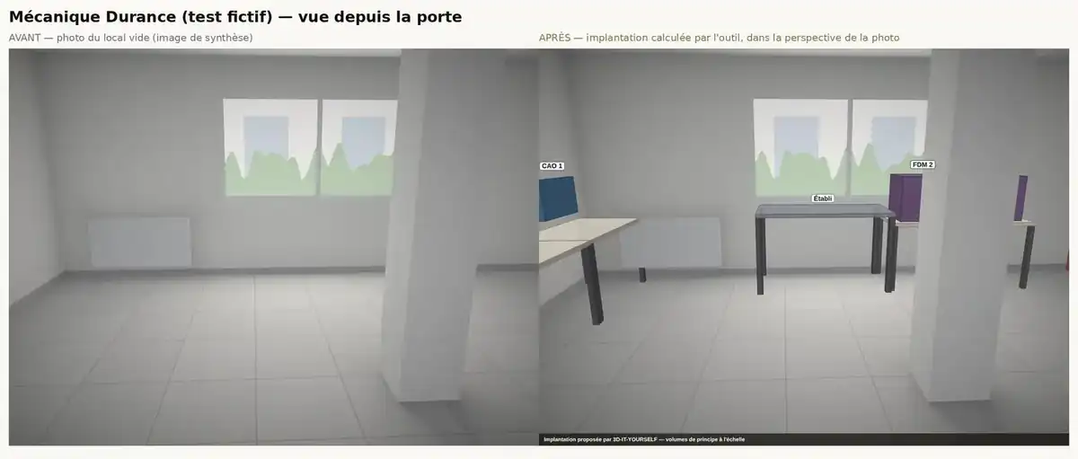 Avant et après : salle vide, puis la même photo avec l'implantation du FabLab