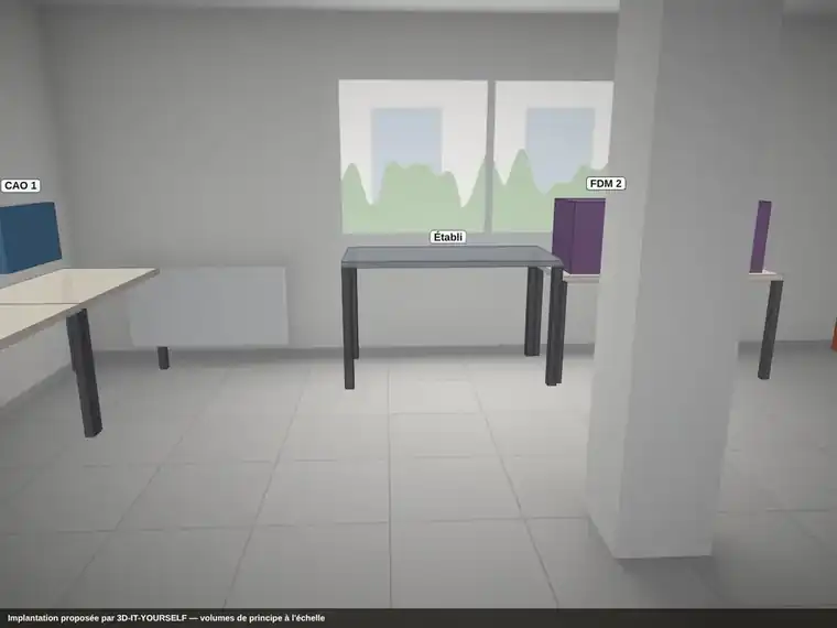 Photo d'une salle vide où l'outil d'audit 3DIY a dessiné les postes du futur FabLab, à l'échelle et en perspective
