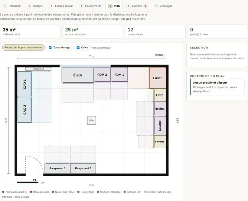 Plan d’implantation à l’échelle d’un FabLab de 35 m² avec zones d’usage