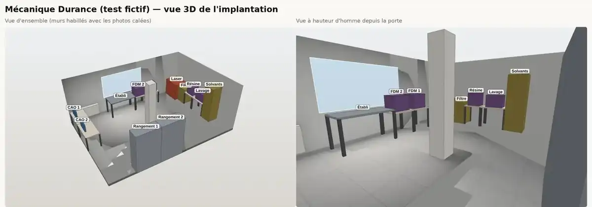 Vue 3D d'un FabLab en coupe et vue depuis la porte