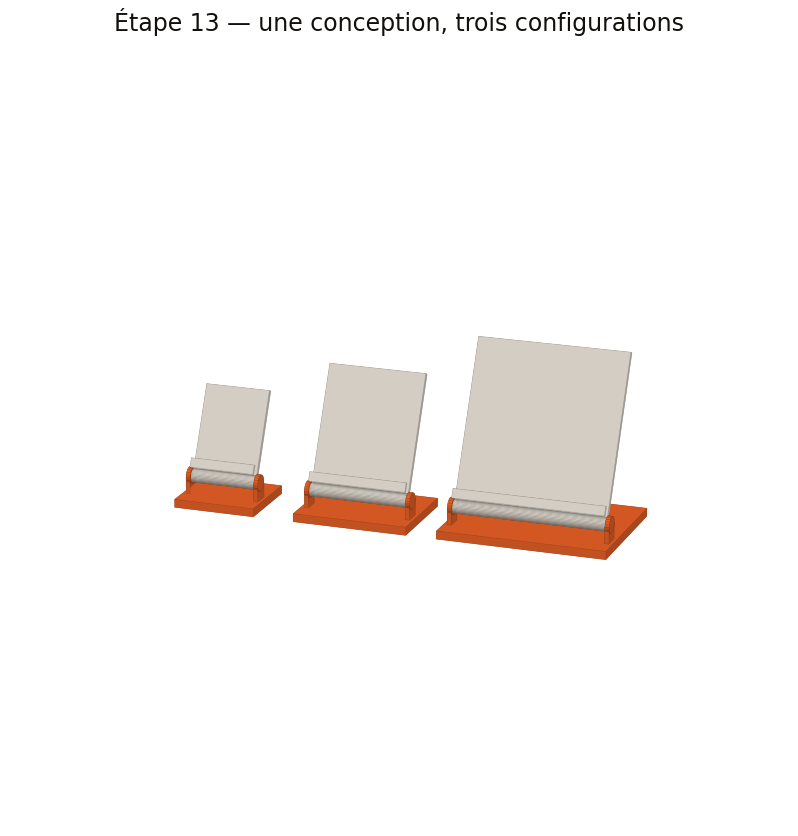 Famille de supports 3DIY (téléphone, tablette, liseuse) modélisée avec les configurations Autodesk Fusion 360