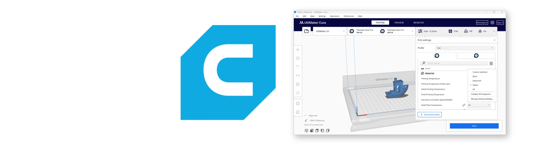 Logo UltiMaker Cura et capture d’écran du logiciel de préparation à l’impression 3D