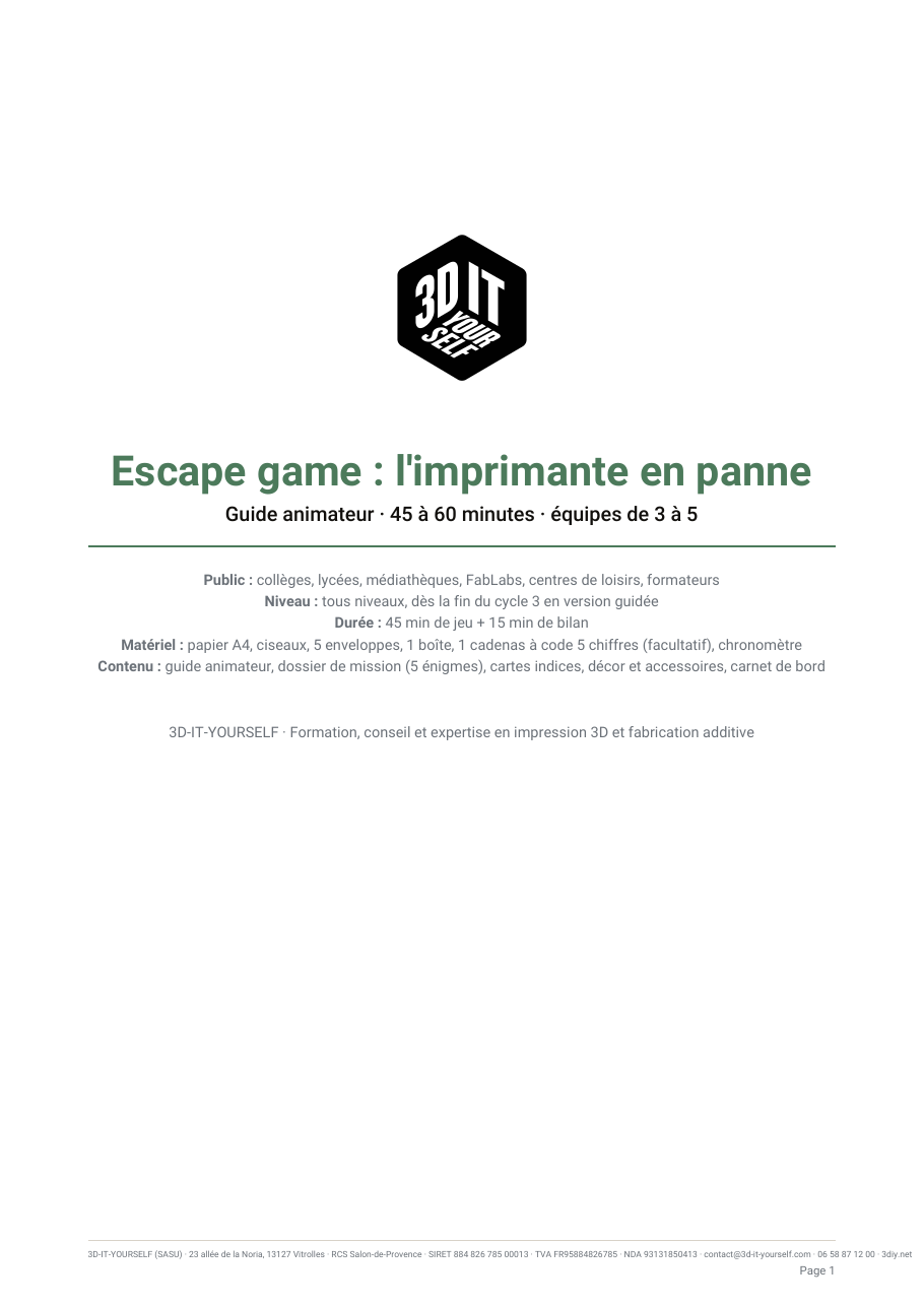 Couverture du kit Escape game : l’imprimante en panne